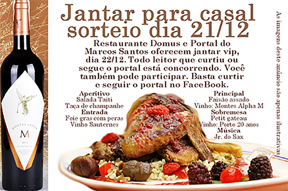 Jantar é presente de Natal para sorteado e acompanhante Jantar no Domus Enogastronomia