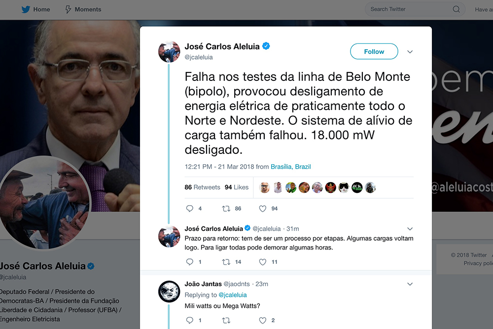 Falha nos testes do linh&atilde;o de Belo Monte provocou apag&atilde;o